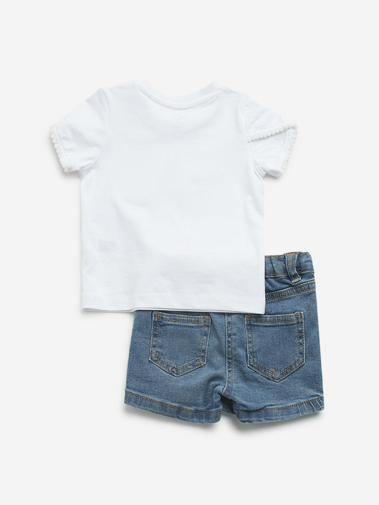 HOP Baby White Printed Cotton T-Shirt and Denim Skort Set