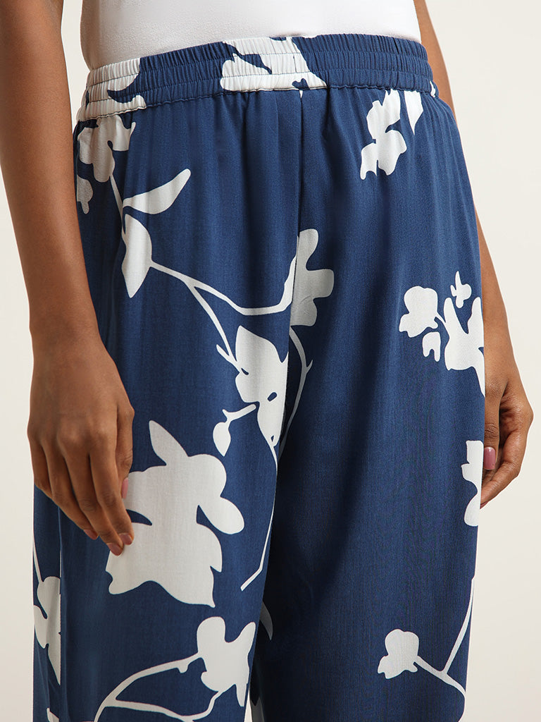 Utsa Navy Floral Print Palazzos