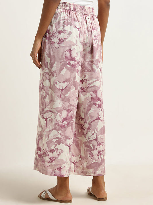 Utsa Lilac Floral Pattern Mid-Rise Palazzos