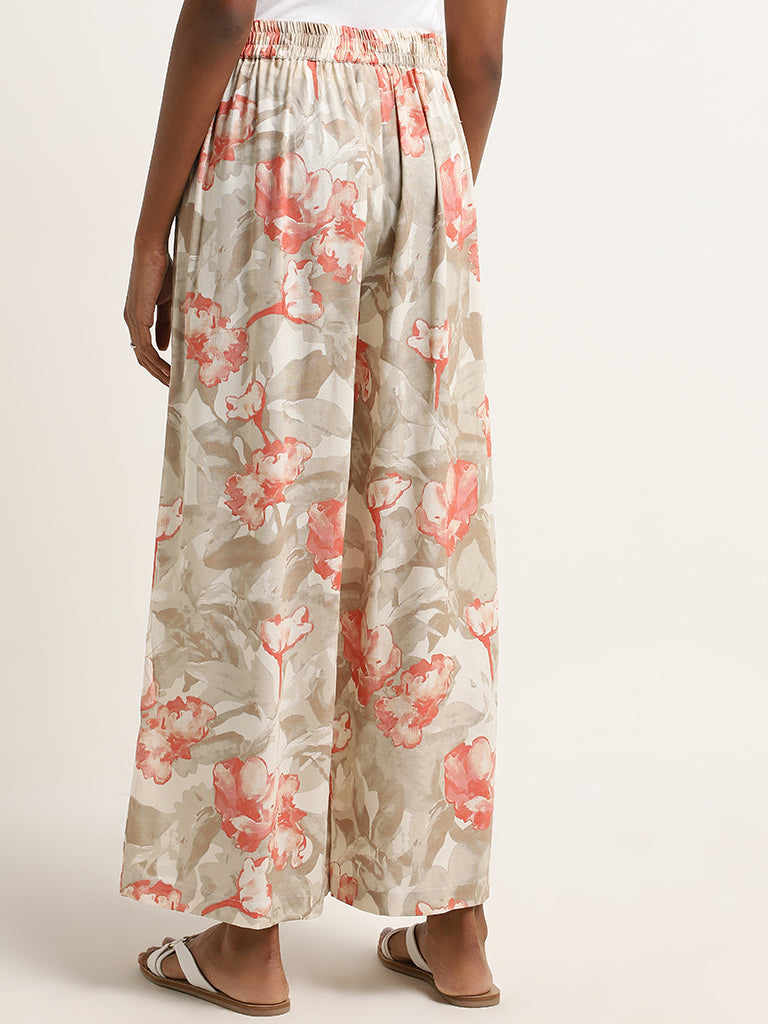 Utsa Taupe Floral Pattern Mid-Rise Palazzos