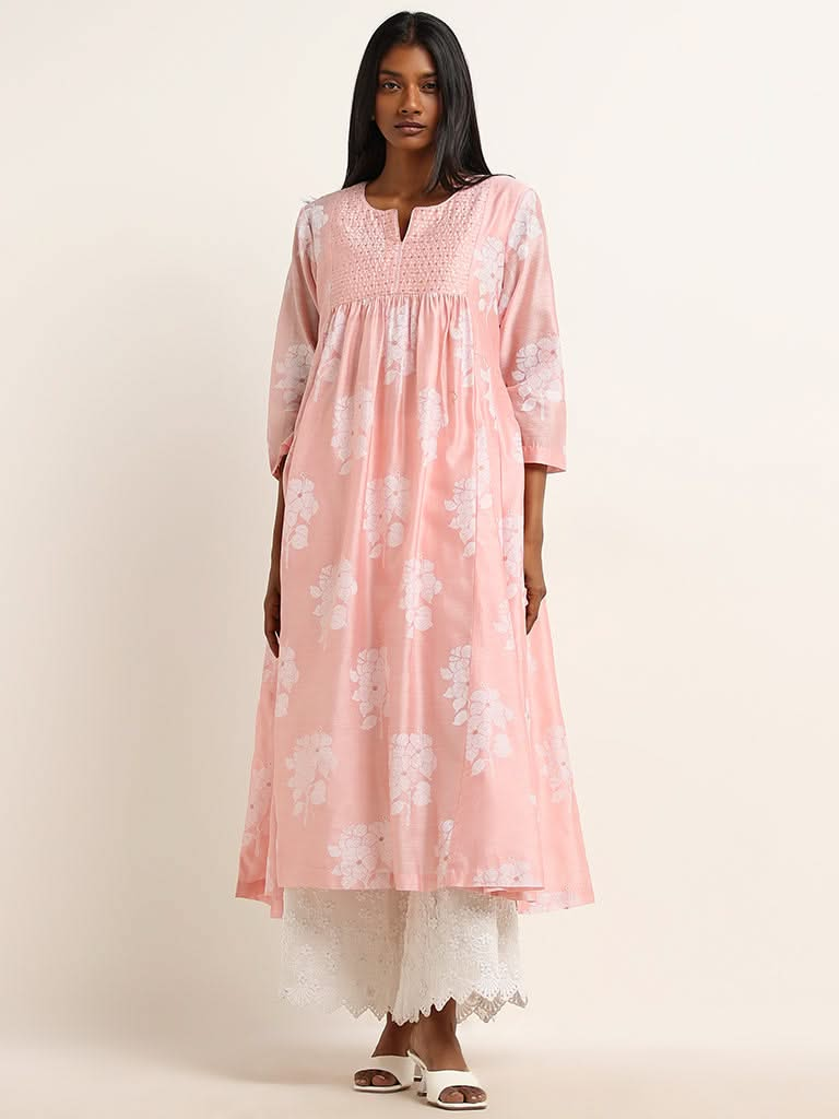 Zuba Pink Bandhani Floral Design Cotton Blend A-Line Kurta with Camisole