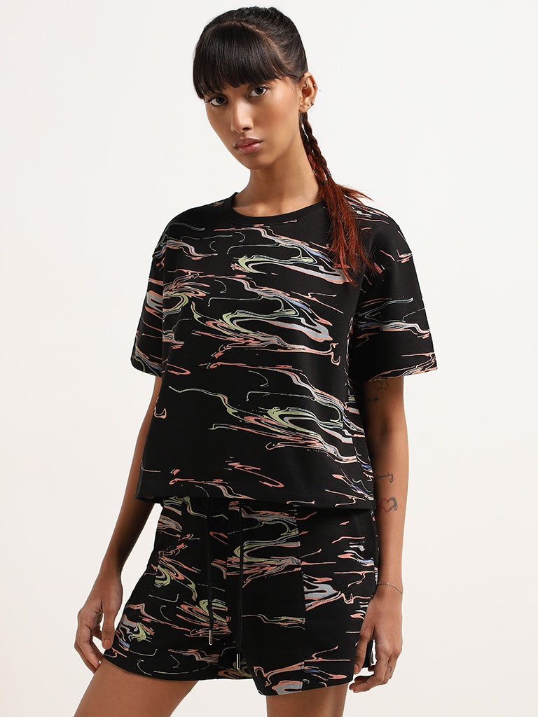 Studiofit Black Abstract Print Cotton Relaxed Fit T-Shirt