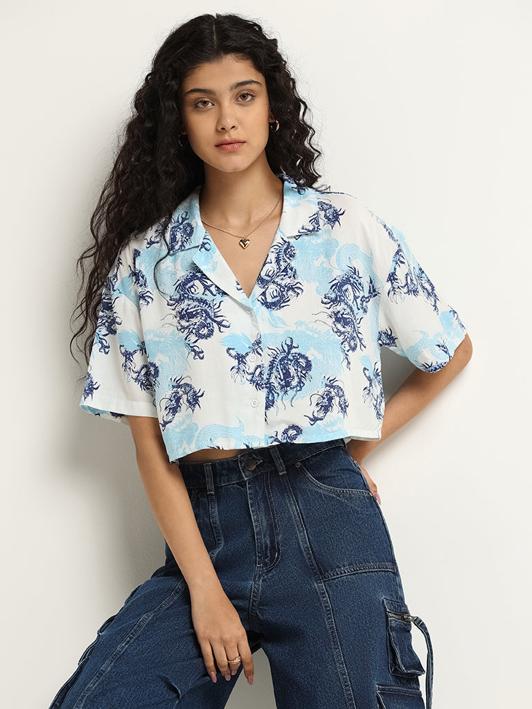 Nuon White Printed Crop Shirt