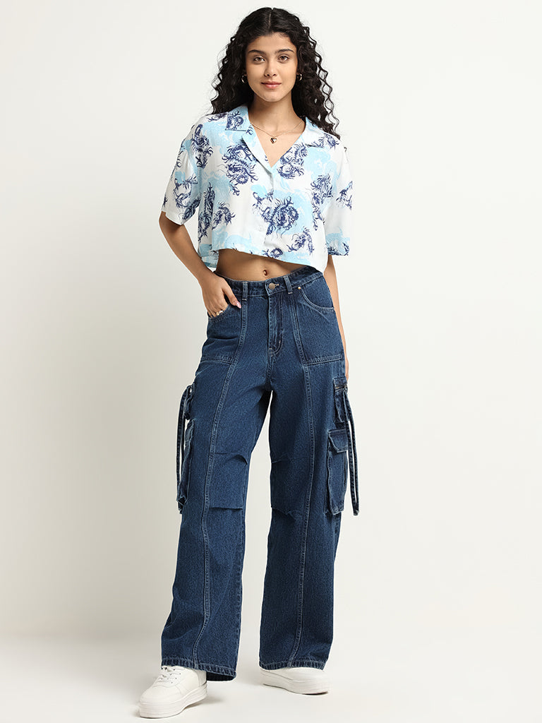 Nuon White Printed Crop Shirt