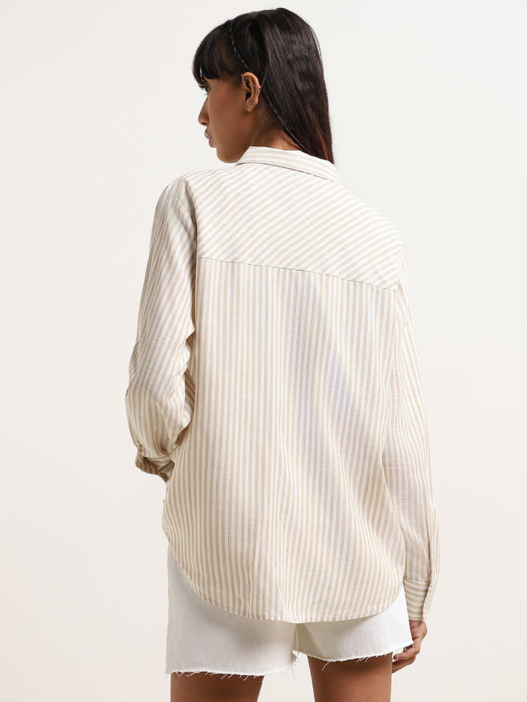 Nuon Beige Striped Cotton Relaxed Fit Shirt