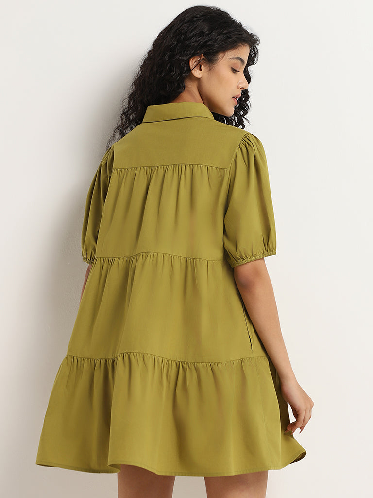 Nuon Olive Cotton Tiered Shirt Dress