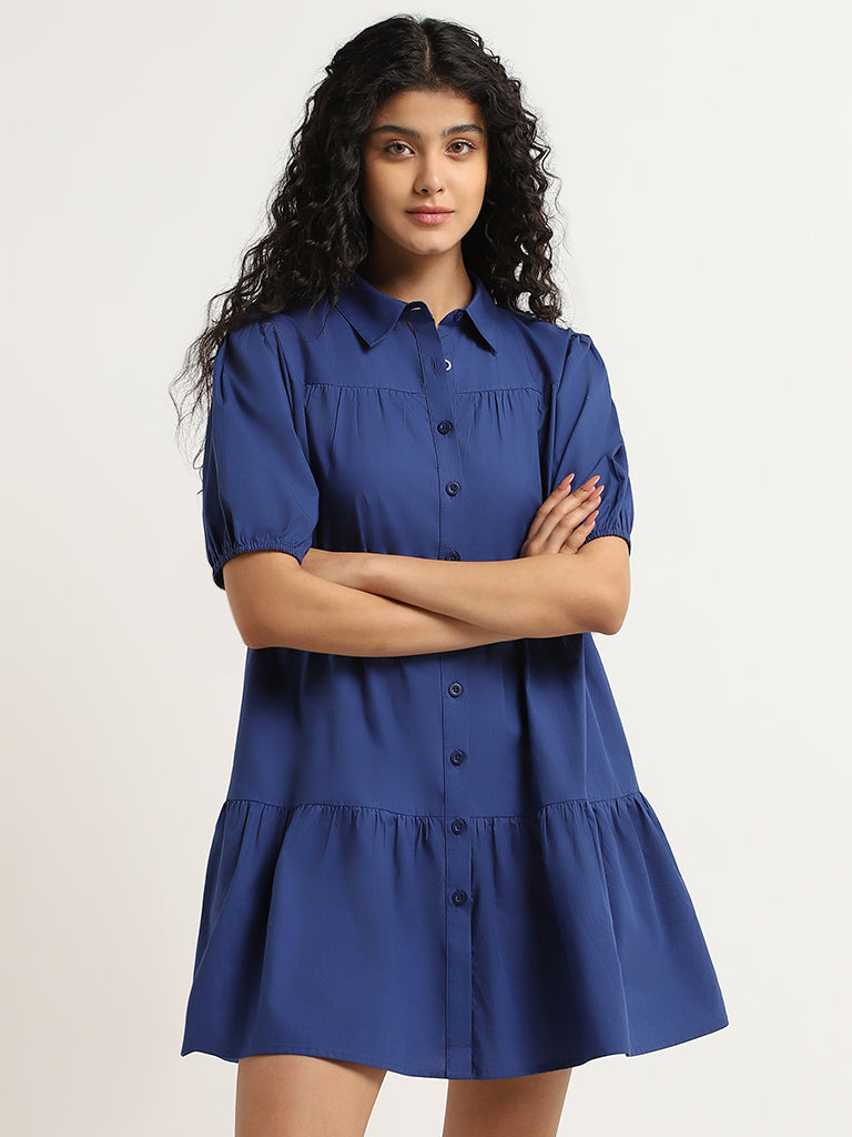 Nuon Navy Cotton Tiered Shirt Dress