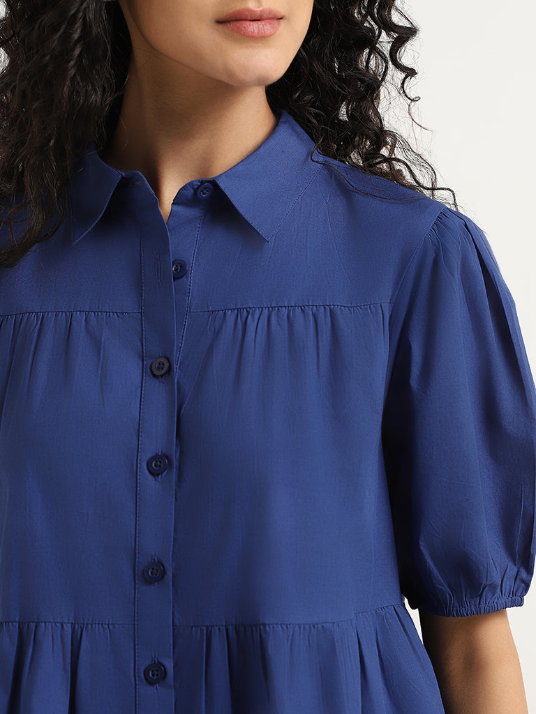 Nuon Navy Cotton Tiered Shirt Dress