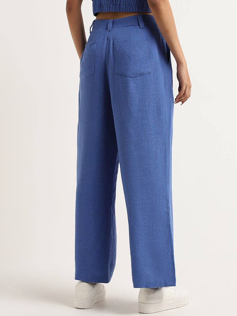 Nuon Blue Blended Linen Wide-Leg Pants