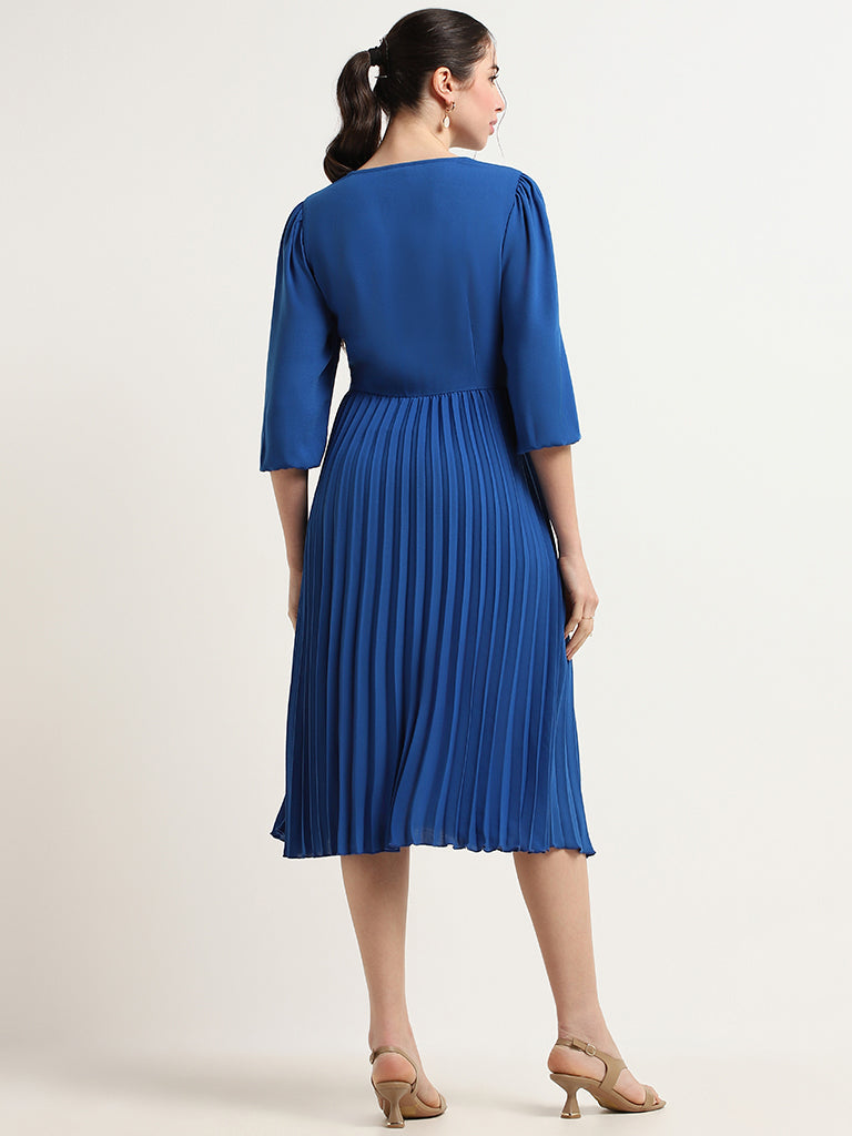 Wardrobe Blue Pleated A-Line Dress