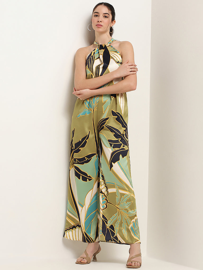 Wardrobe Green Printed Halter Neck Jumpsuit