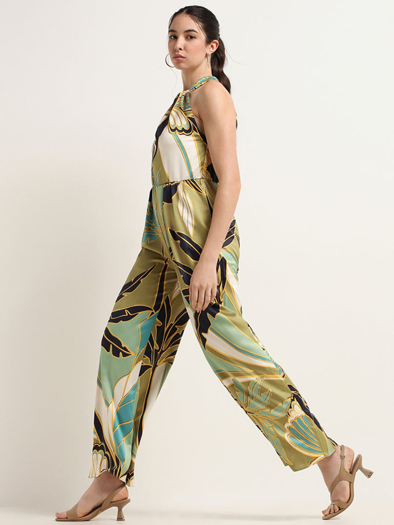 Wardrobe Green Printed Halter Neck Jumpsuit