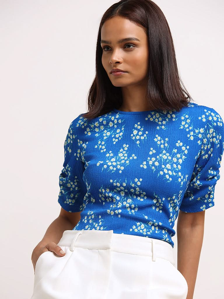 Wardrobe Blue Floral Crinkled Top