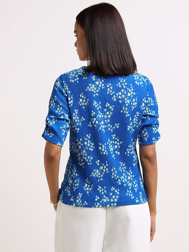 Wardrobe Blue Floral Crinkled Top