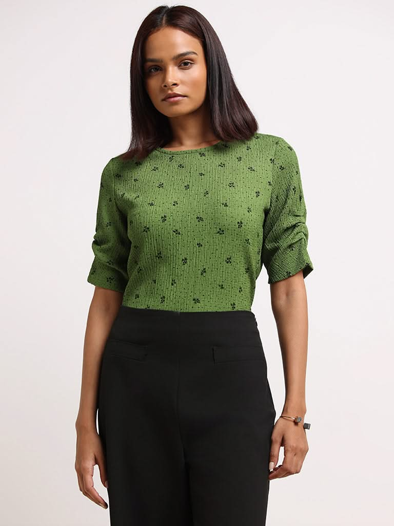 Wardrobe Green Floral Crinkled Top