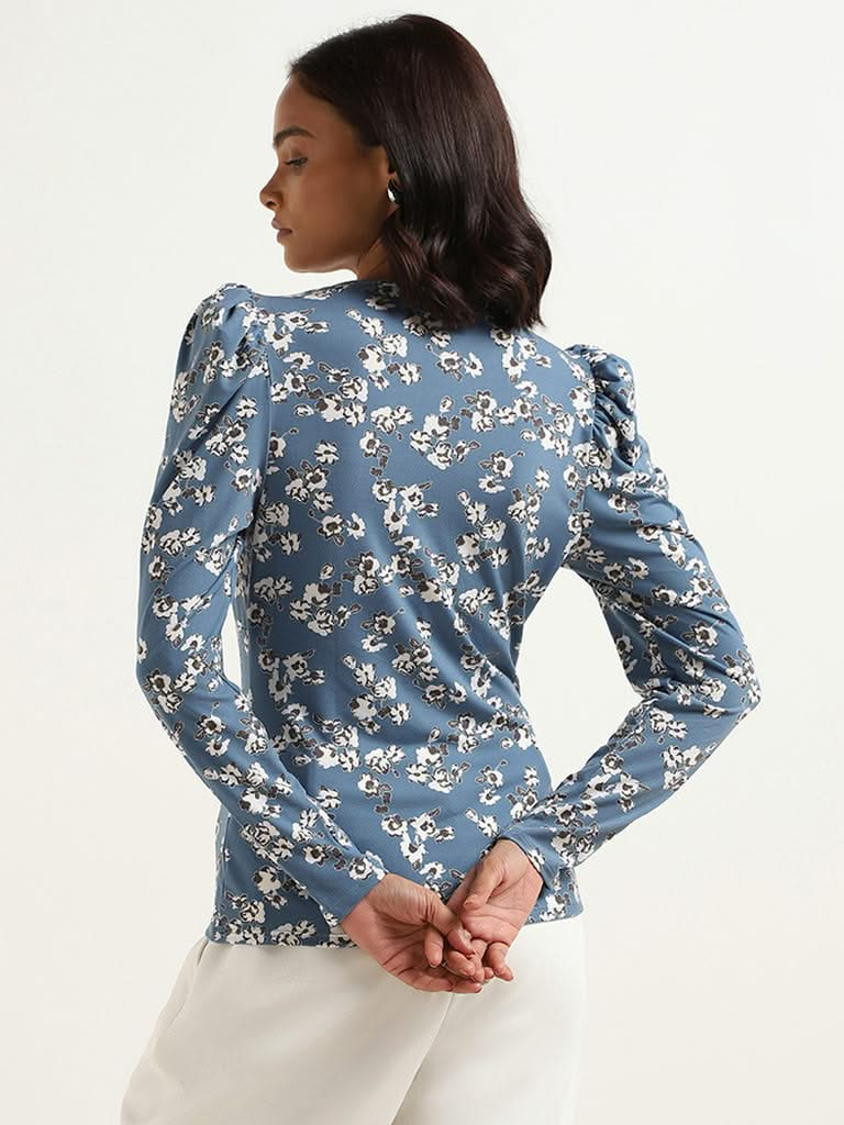 Wardrobe Blue Floral V Neck Top