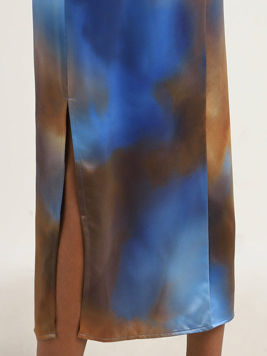 Wardrobe Blue Tie-Dye High Rise Skirt with Slit