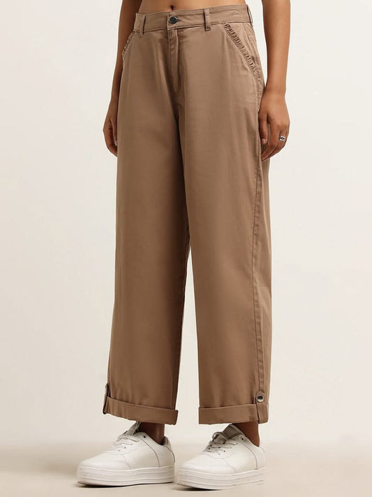 LOV Beige Cotton Blend Mid Rise Flared Trousers