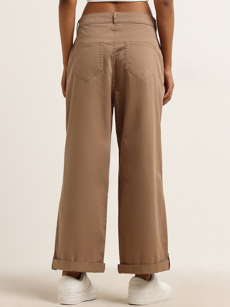 LOV Beige Cotton Blend Mid Rise Flared Trousers