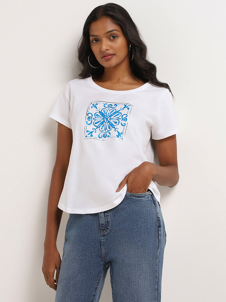 LOV White Printed Cotton T-Shirt