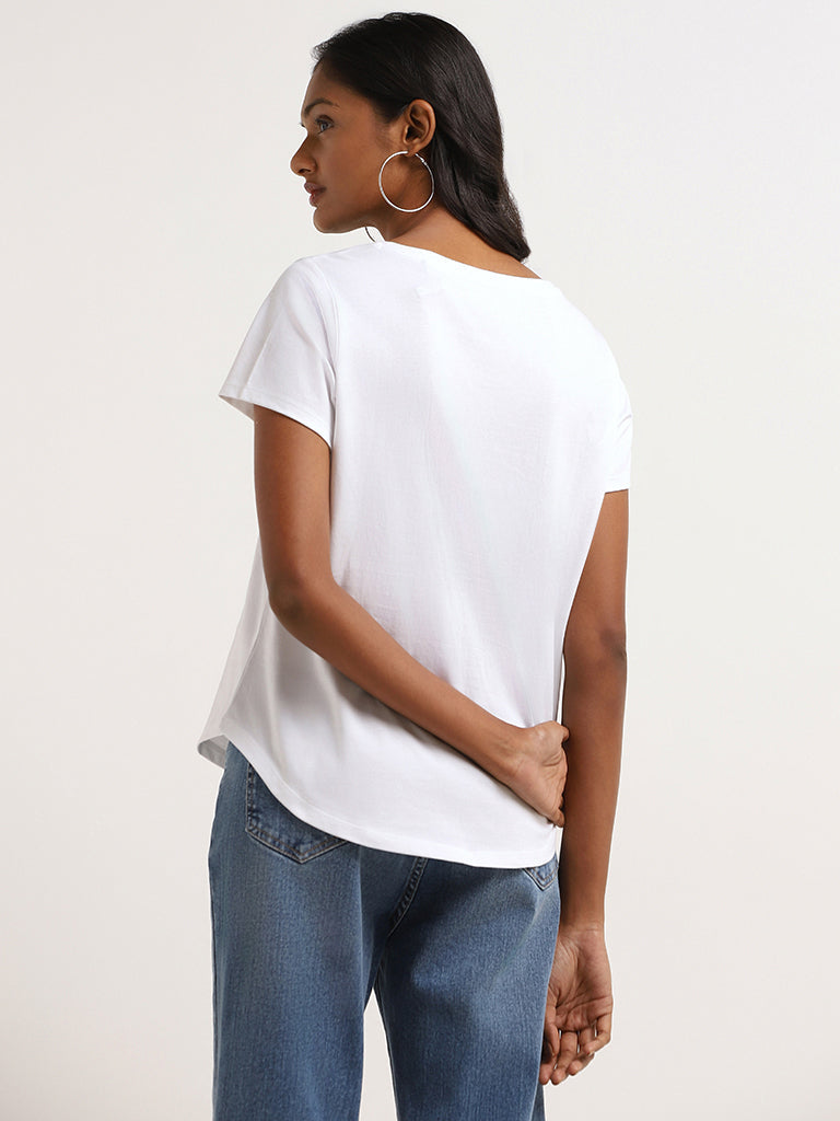 LOV White Printed Cotton T-Shirt