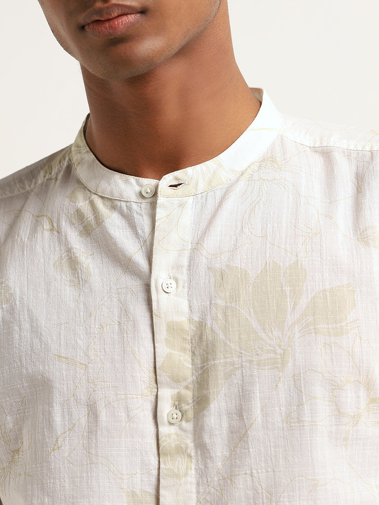 ETA White Floral Printed Cotton Resort Fit Grandad Shirt