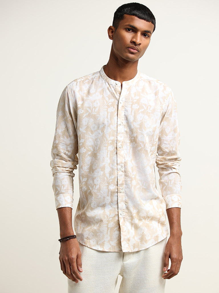 ETA Beige Floral Print Cotton Resort Fit Grandad Shirt