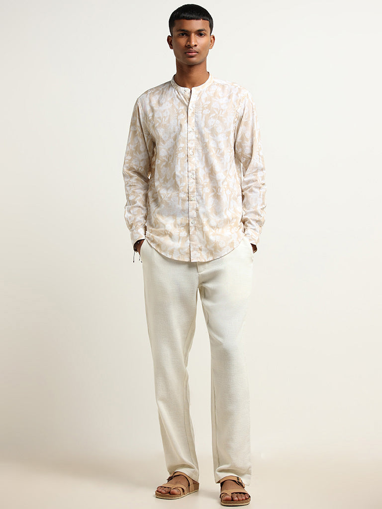 ETA Beige Floral Print Cotton Resort Fit Grandad Shirt