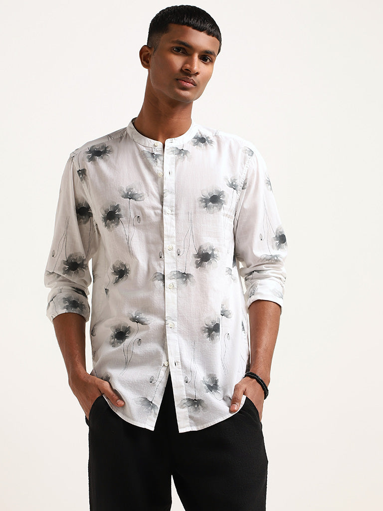 ETA Grey Floral Printed Cotton Resort Fit Grandad Shirt