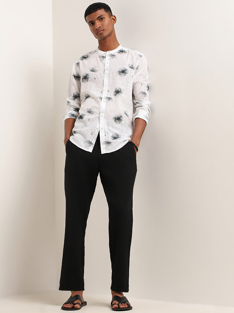 ETA Grey Floral Printed Cotton Resort Fit Grandad Shirt