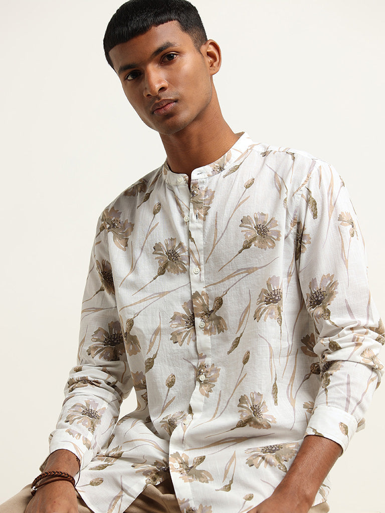 ETA Off-White Floral Printed Cotton Resort Fit Grandad Shirt