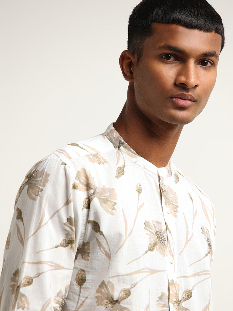 ETA Off-White Floral Printed Cotton Resort Fit Grandad Shirt