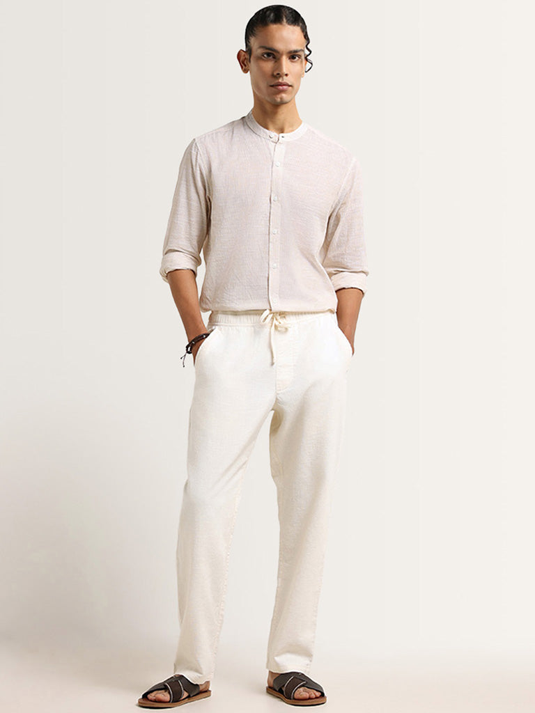 ETA Beige Solid Cotton Resort Fit Grandad Shirt