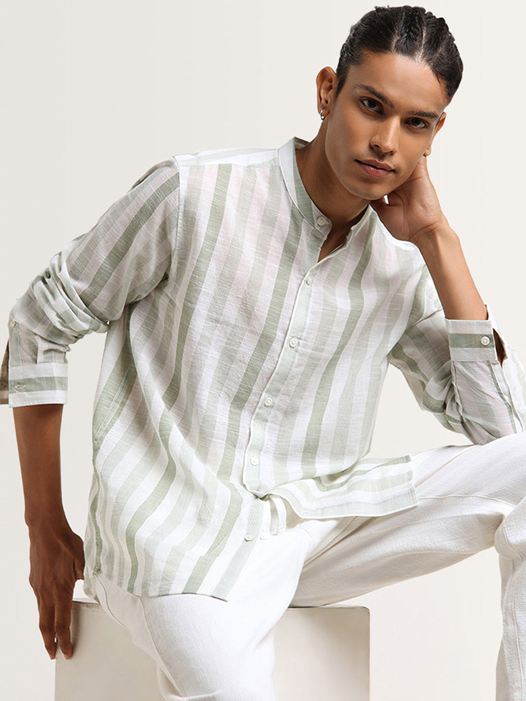 ETA Green Striped Cotton Resort Fit Grandad Shirt