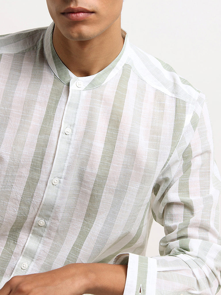 ETA Green Striped Cotton Resort Fit Grandad Shirt