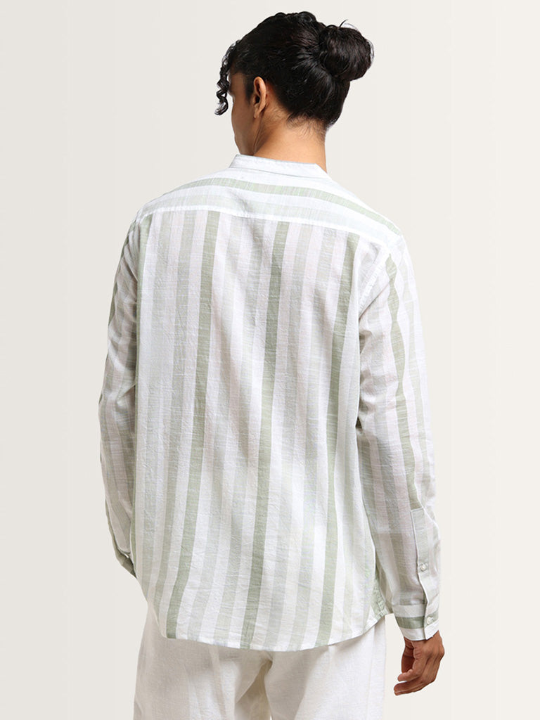 ETA Green Striped Cotton Resort Fit Grandad Shirt