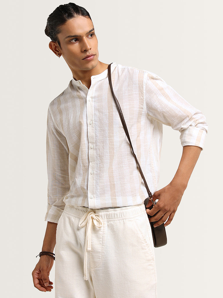 ETA Beige Striped Grandad Cotton Resort Fit Shirt