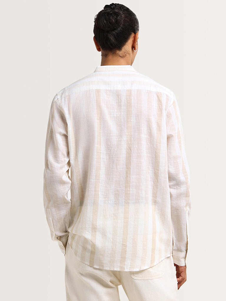 ETA Beige Striped Grandad Cotton Resort Fit Shirt