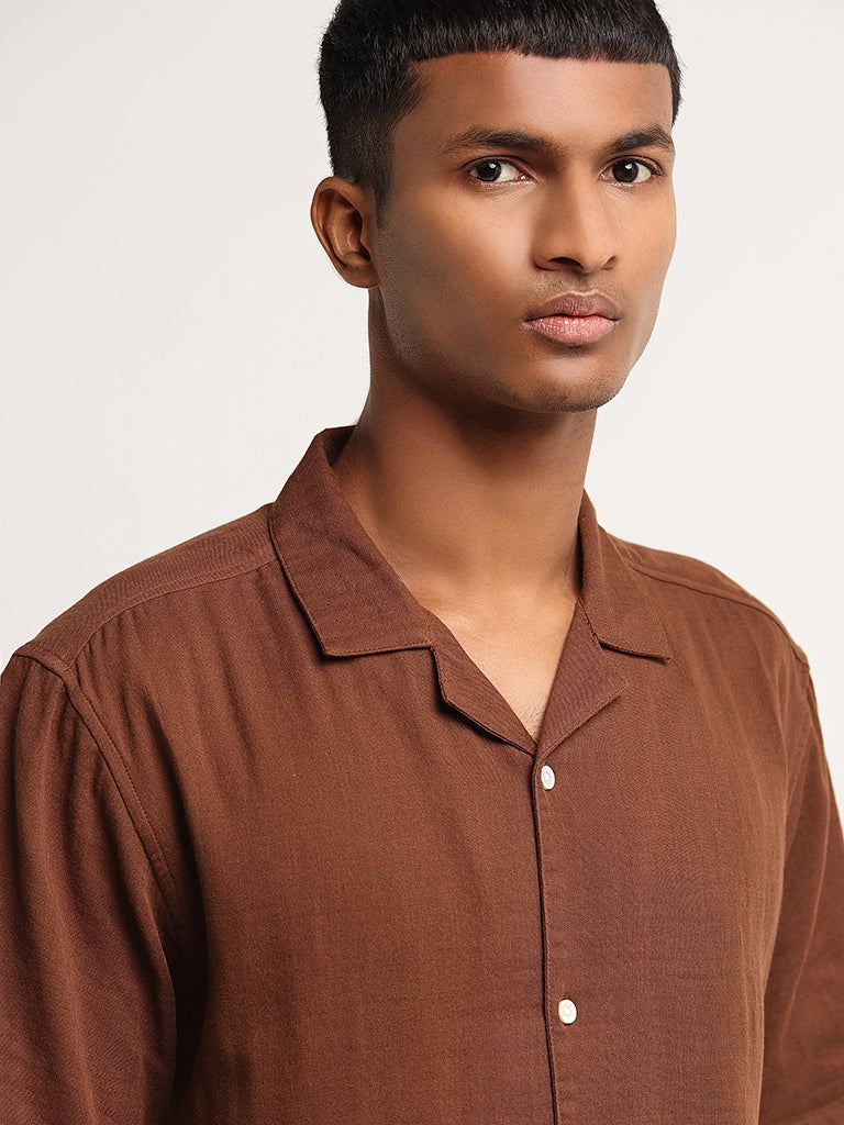 ETA Solid Brown Cotton Relaxed Fit Shirt