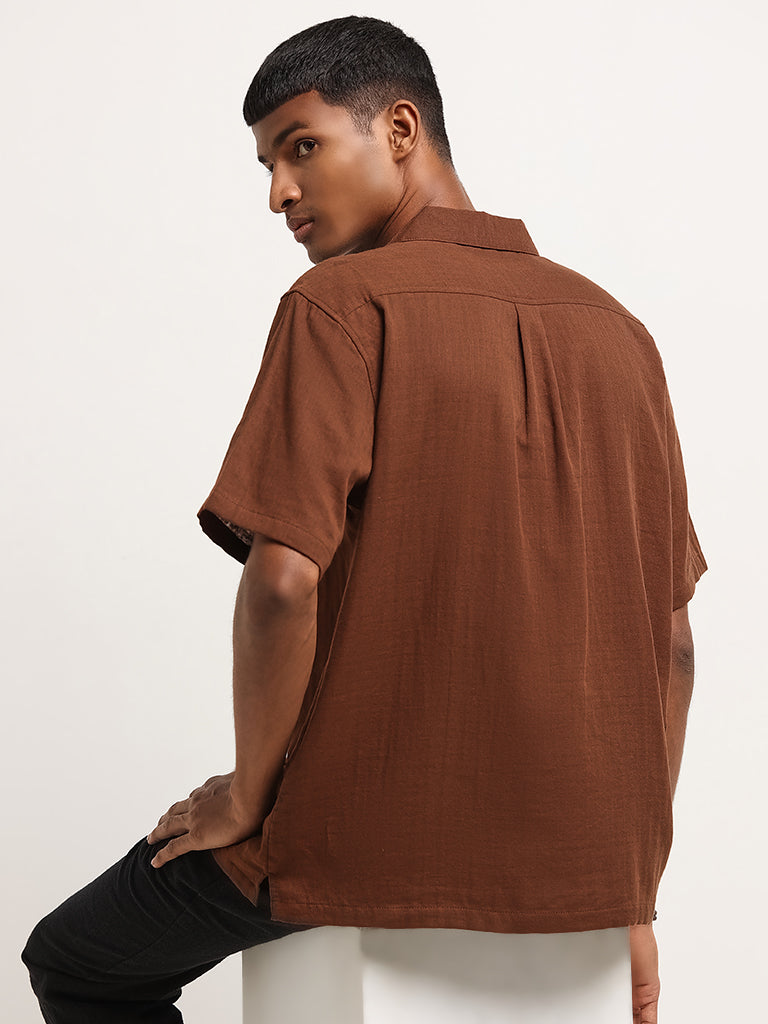 ETA Solid Brown Cotton Relaxed Fit Shirt