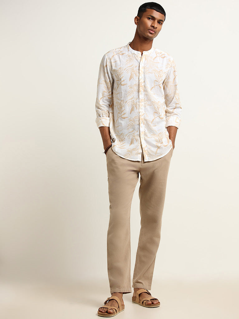 ETA Beige Printed Grandad Cotton Resort Fit Shirt