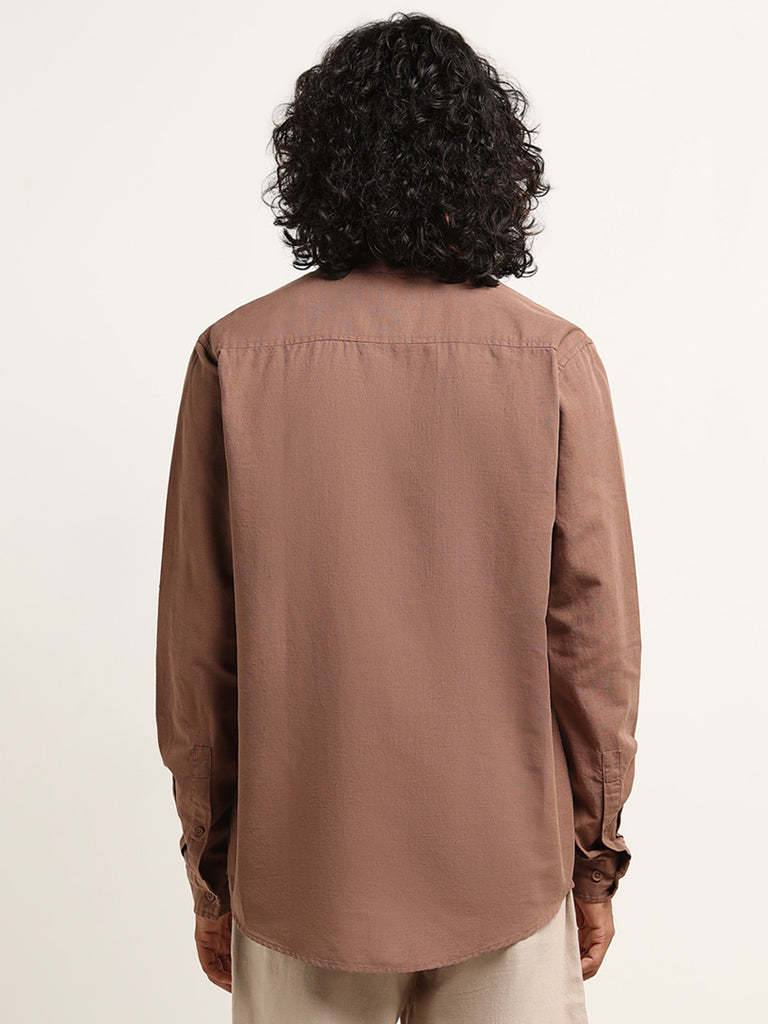 ETA Brown Solid Resort Fit Grandad Blended Linen Shirt