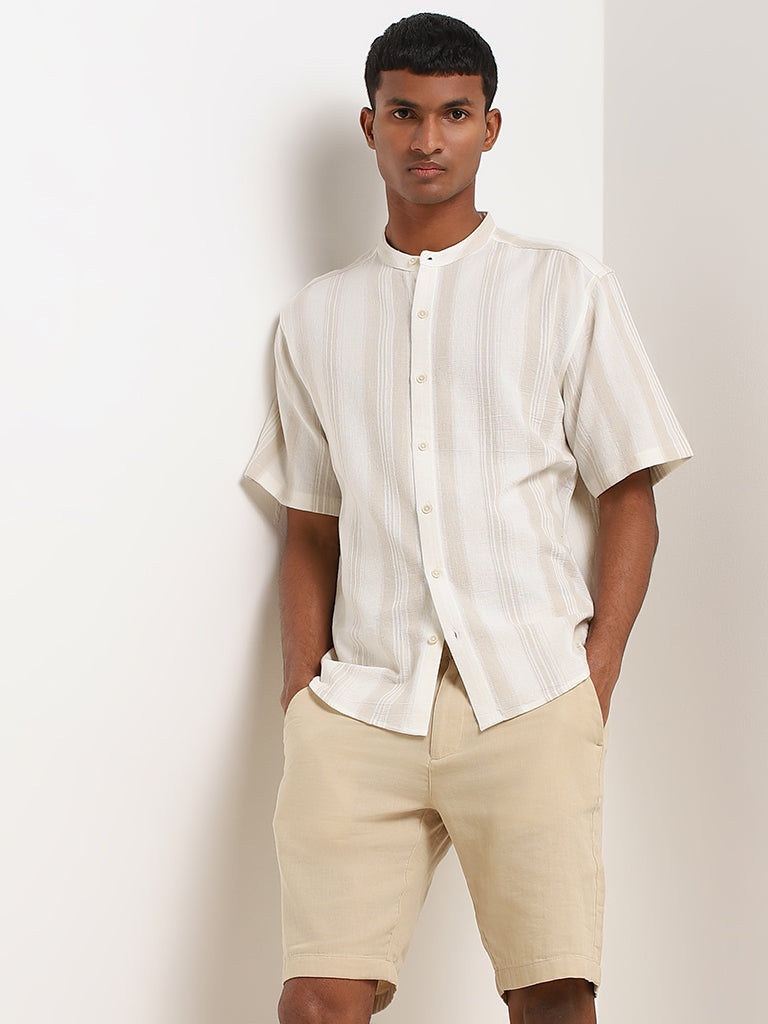 ETA Beige Striped Cotton Relaxed Fit Grandad Shirt