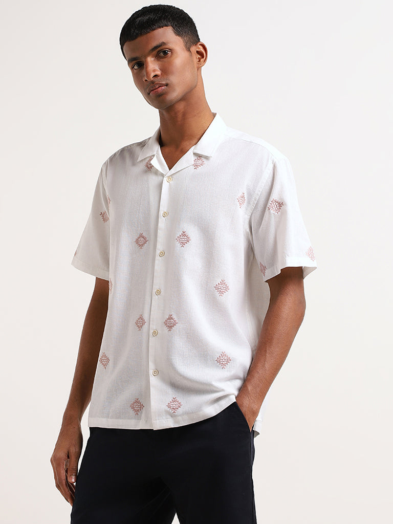 ETA White Embroidered Cotton Resort Fit Shirt