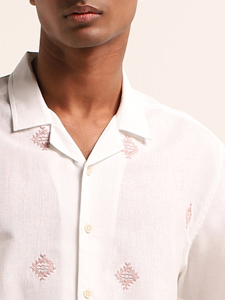 ETA White Embroidered Cotton Resort Fit Shirt