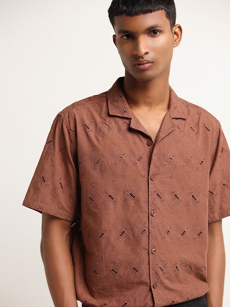 ETA Dark Rust Embroidered Cotton Relaxed Fit Shirt