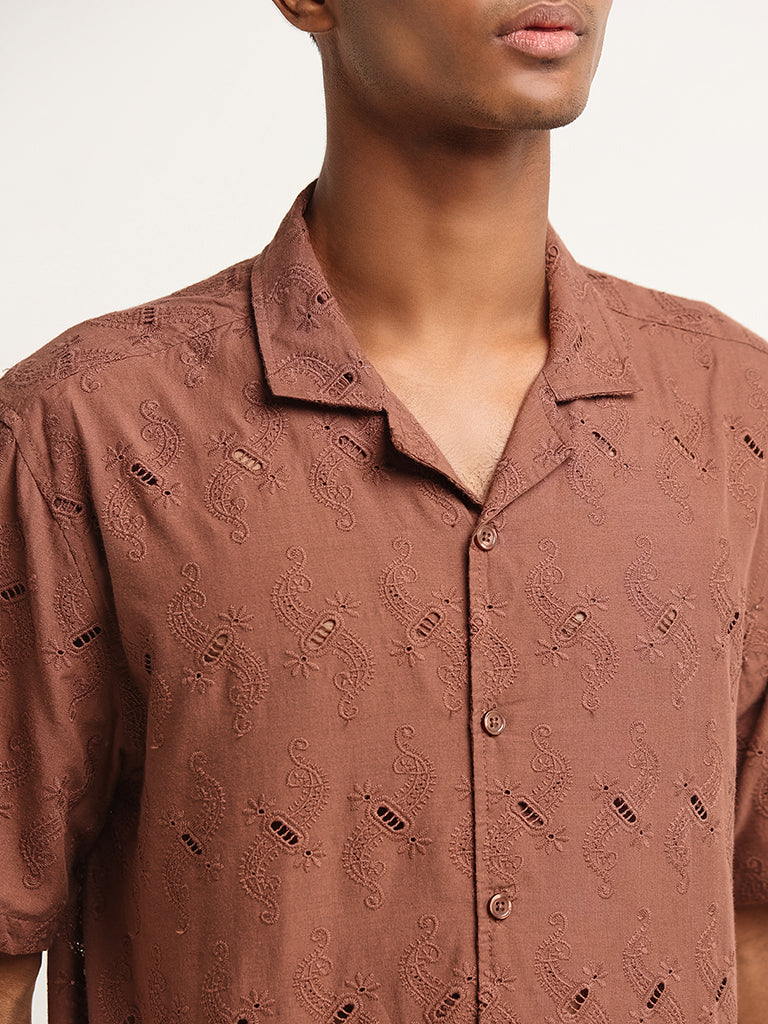 ETA Dark Rust Embroidered Cotton Relaxed Fit Shirt