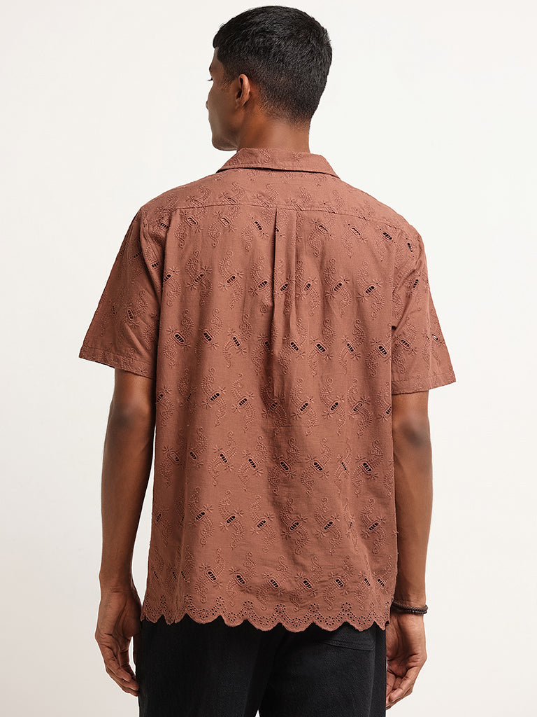 ETA Dark Rust Embroidered Cotton Relaxed Fit Shirt