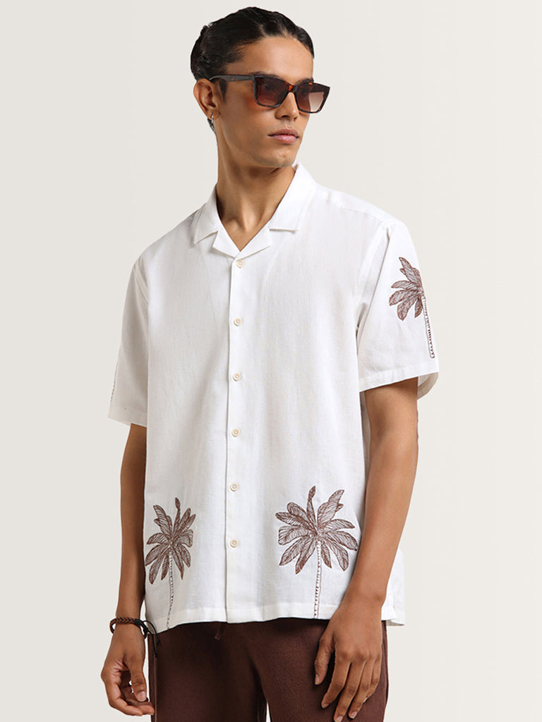 ETA White Embroidered Cotton Relaxed Fit Shirt