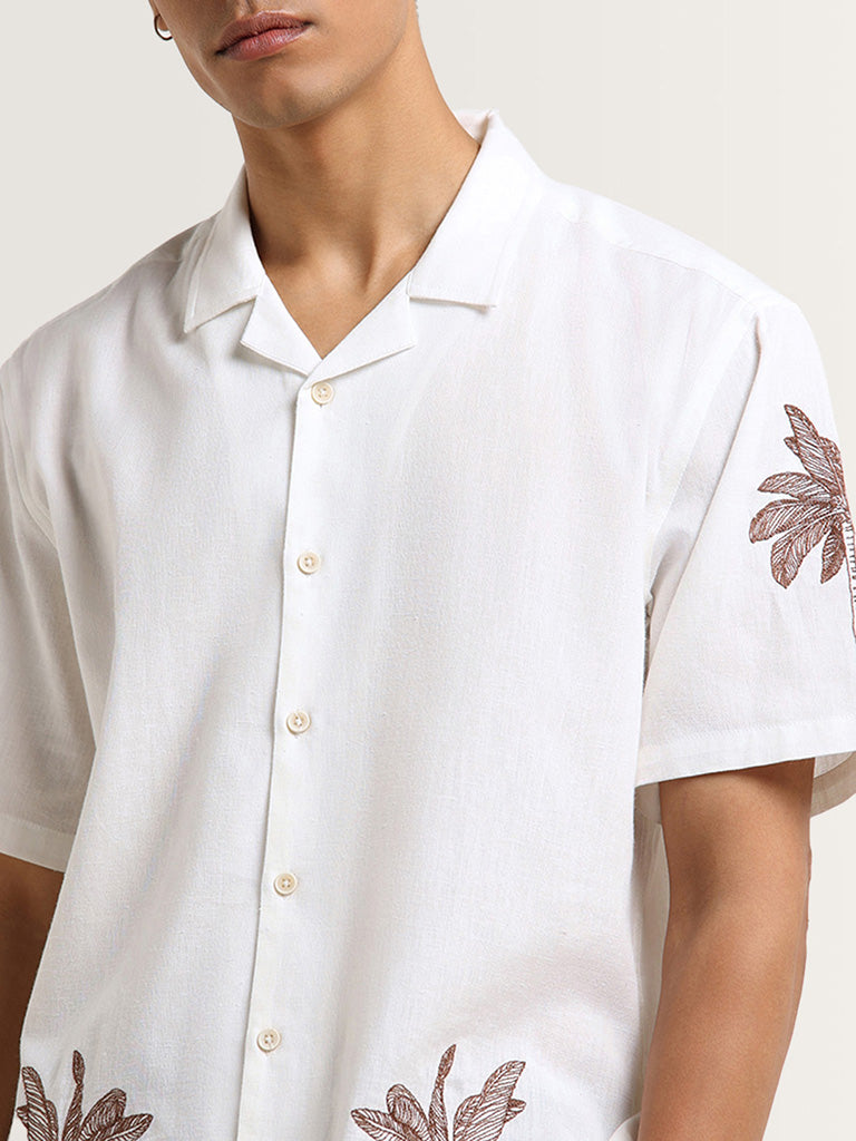 ETA White Embroidered Cotton Relaxed Fit Shirt